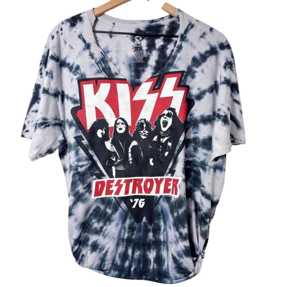 LIQUID BLUE KISS DESTROYER '76 TIE-DYE BLUE CUT UP T-SHIRT SIZE LARGE